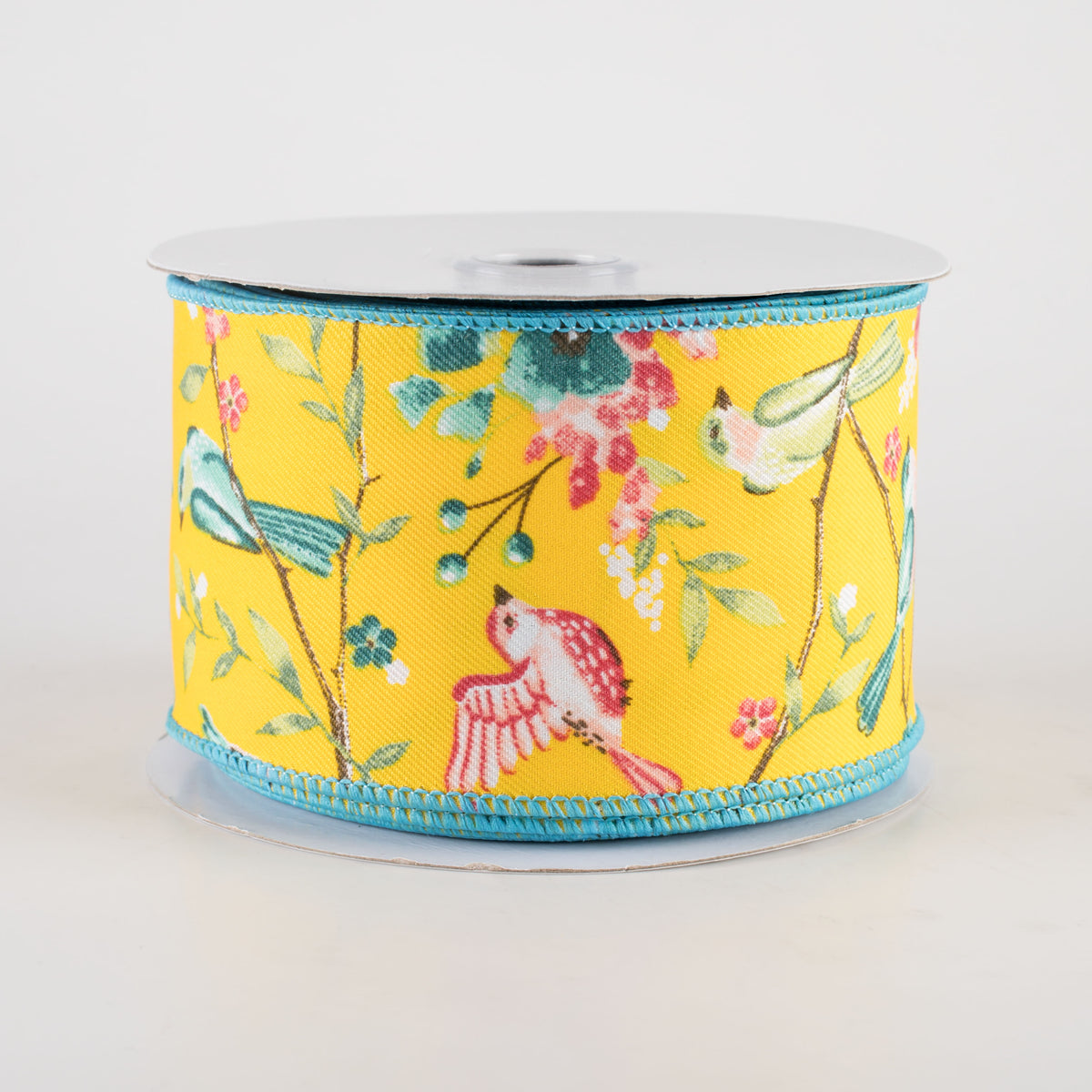 2.5" Birds With Floral Branches Ribbon: Yellow, Teal, Pink (10 Yards)