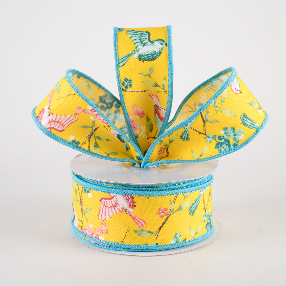 1.5" Birds With Floral Branches Ribbon: Yellow, Turquoise, Pink (10 Yards) Lifestyle Photo