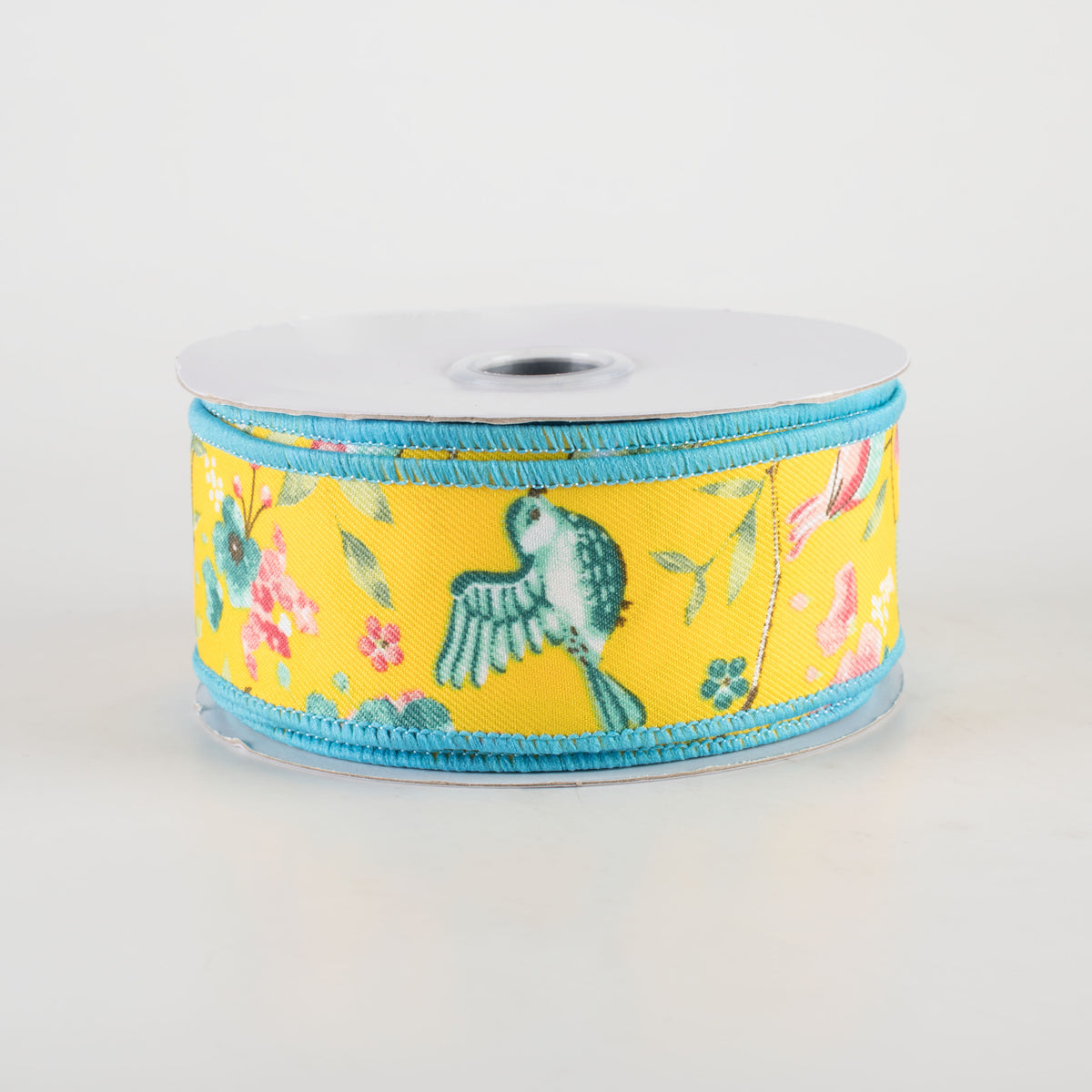 1.5" Birds With Floral Branches Ribbon: Yellow, Turquoise, Pink (10 Yards)
