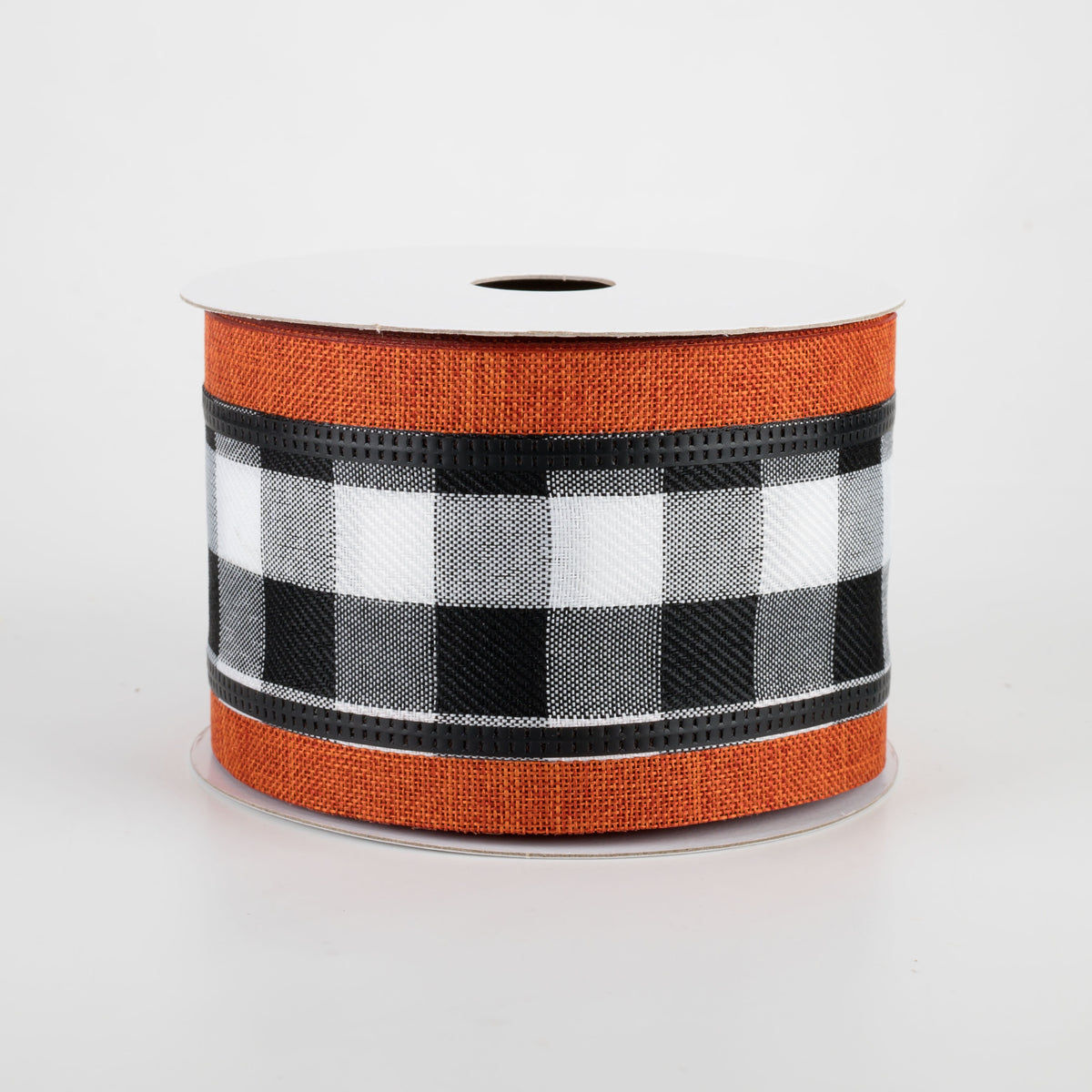 2.5" Black & White Buffalo Plaid Ribbon: Rust Orange Edge (10 Yards)