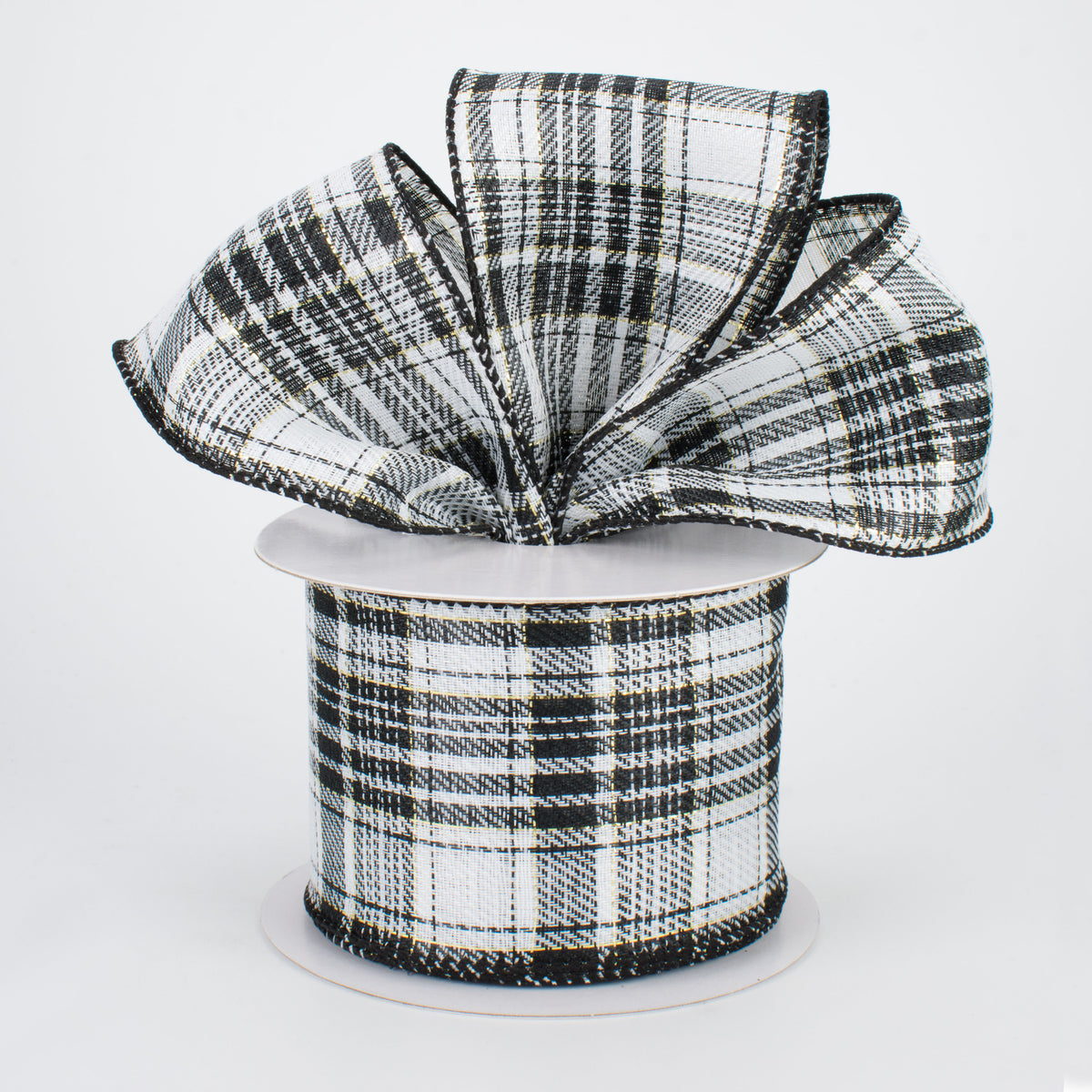 2.5" Black, White & Gold Plaid with Foil Ribbon (10 Yards) Lifestyle Photo