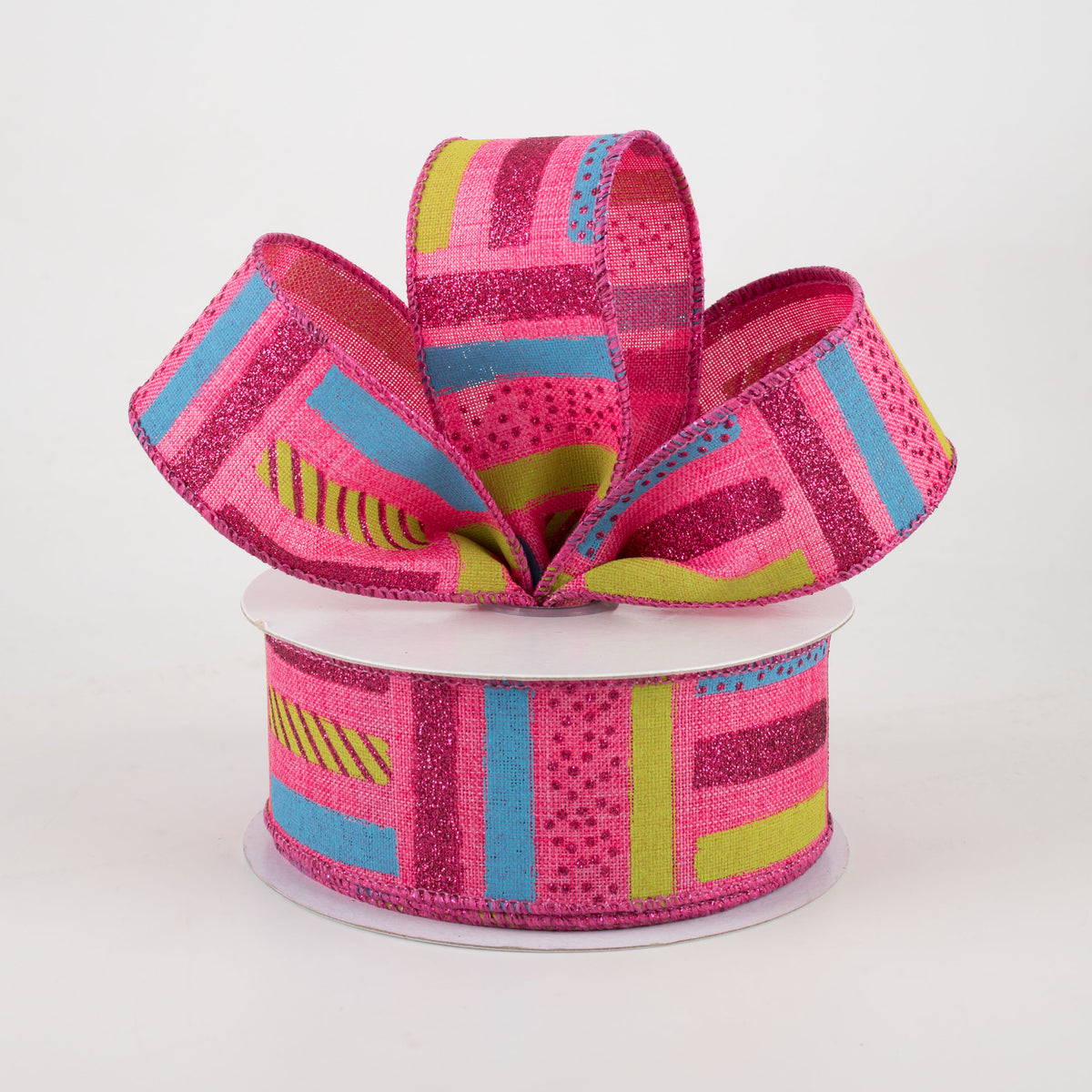 1.5" Brush Stroke Stripes Dots Ribbon: Hot Pink, Turquoise, Lime (10 Yards) Lifestyle Photo