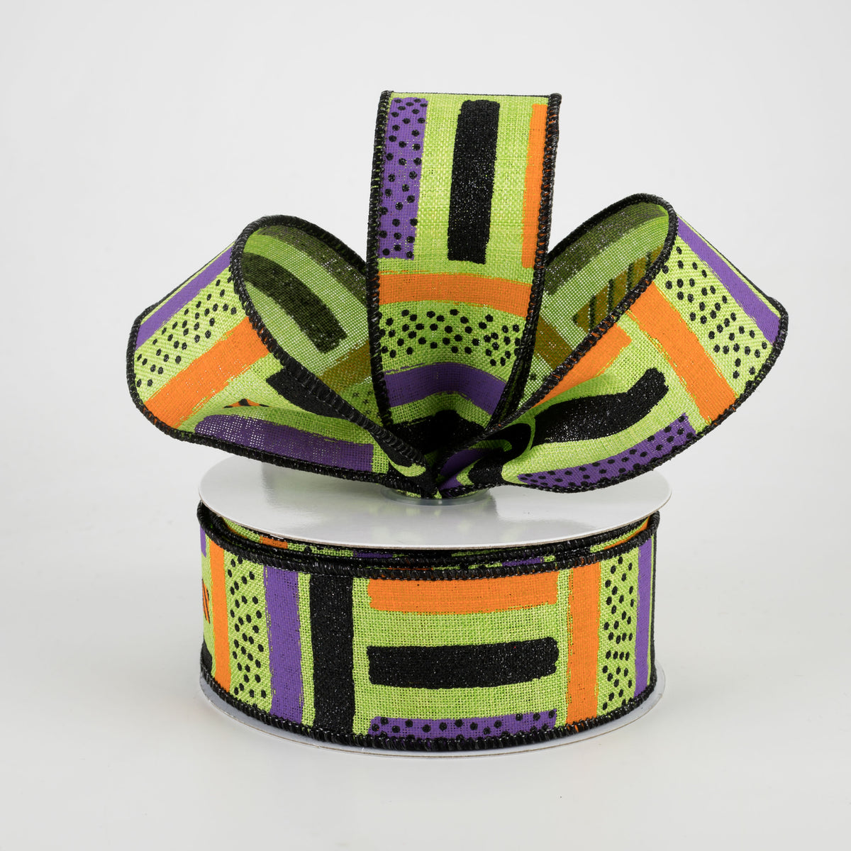 1.5" Brush Stroke Stripes Dots Ribbon: Lime, Black, Orange, Purple (10 Yards) Lifestyle Photo