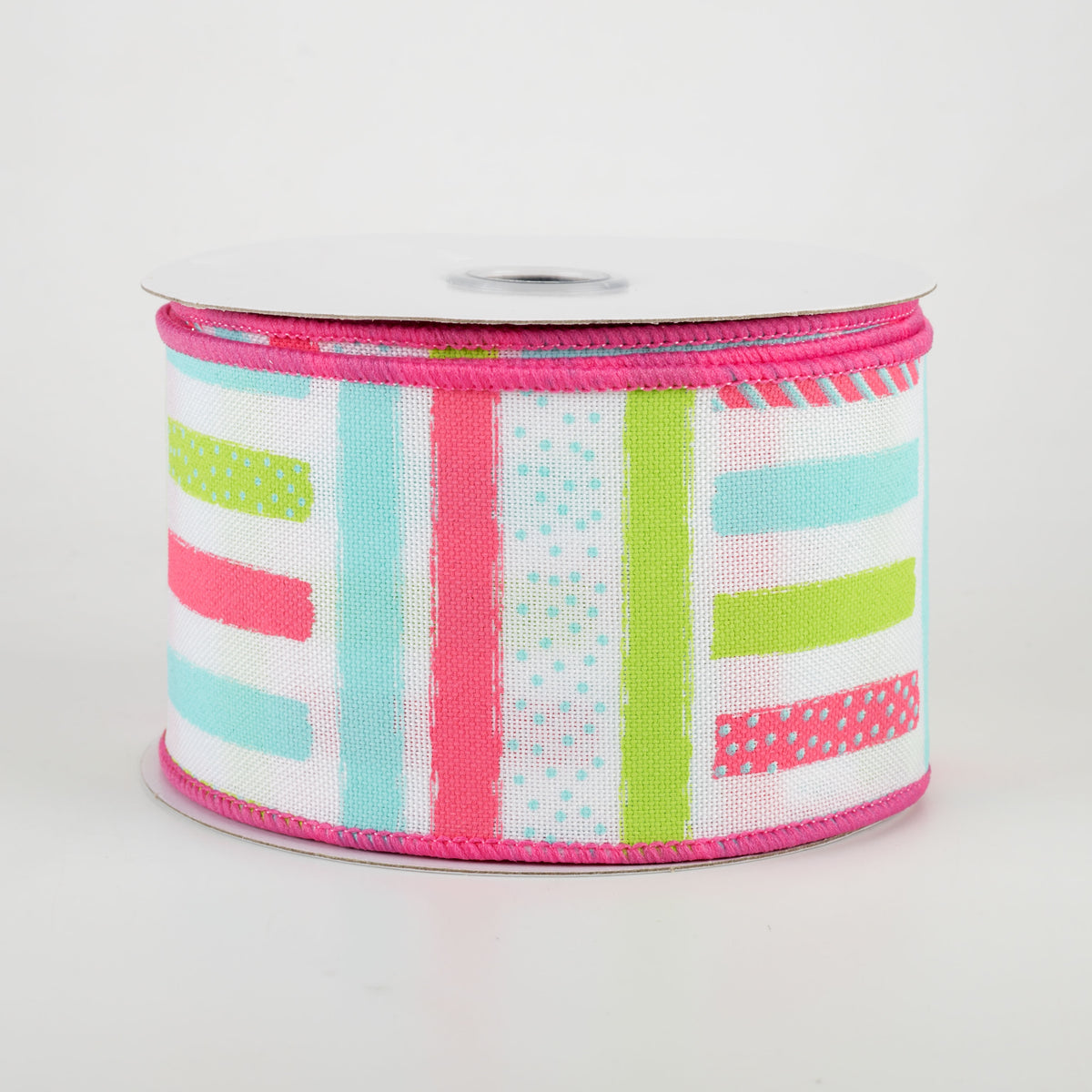 2.5" Brush Stroke Stripes Dots Ribbon: White, Pink, Teal, Light Green (10 Yards)