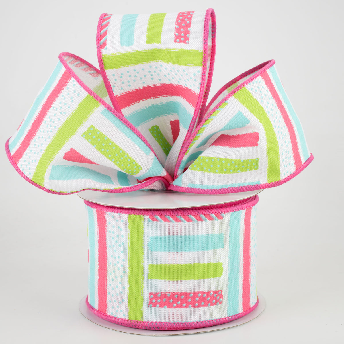 2.5" Brush Stroke Stripes Dots Ribbon: White, Pink, Teal, Light Green (10 Yards) Lifestyle Photo