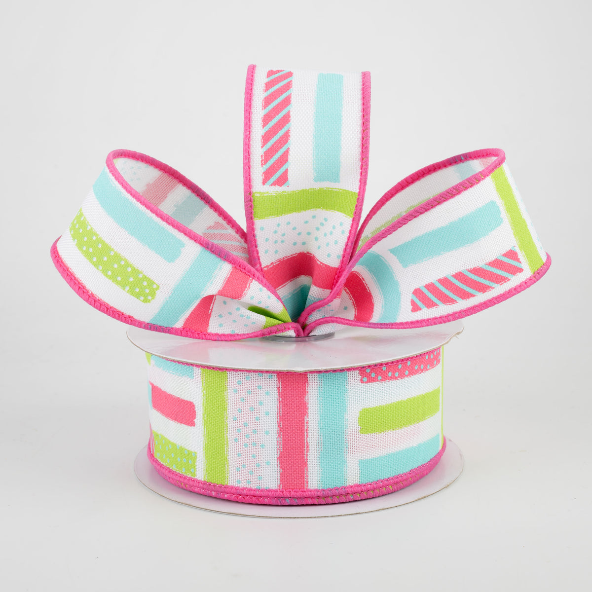 1.5" Brush Stroke Stripes Dots Ribbon: White, Pink, Teal, Light Green (10 Yards) Lifestyle Photo