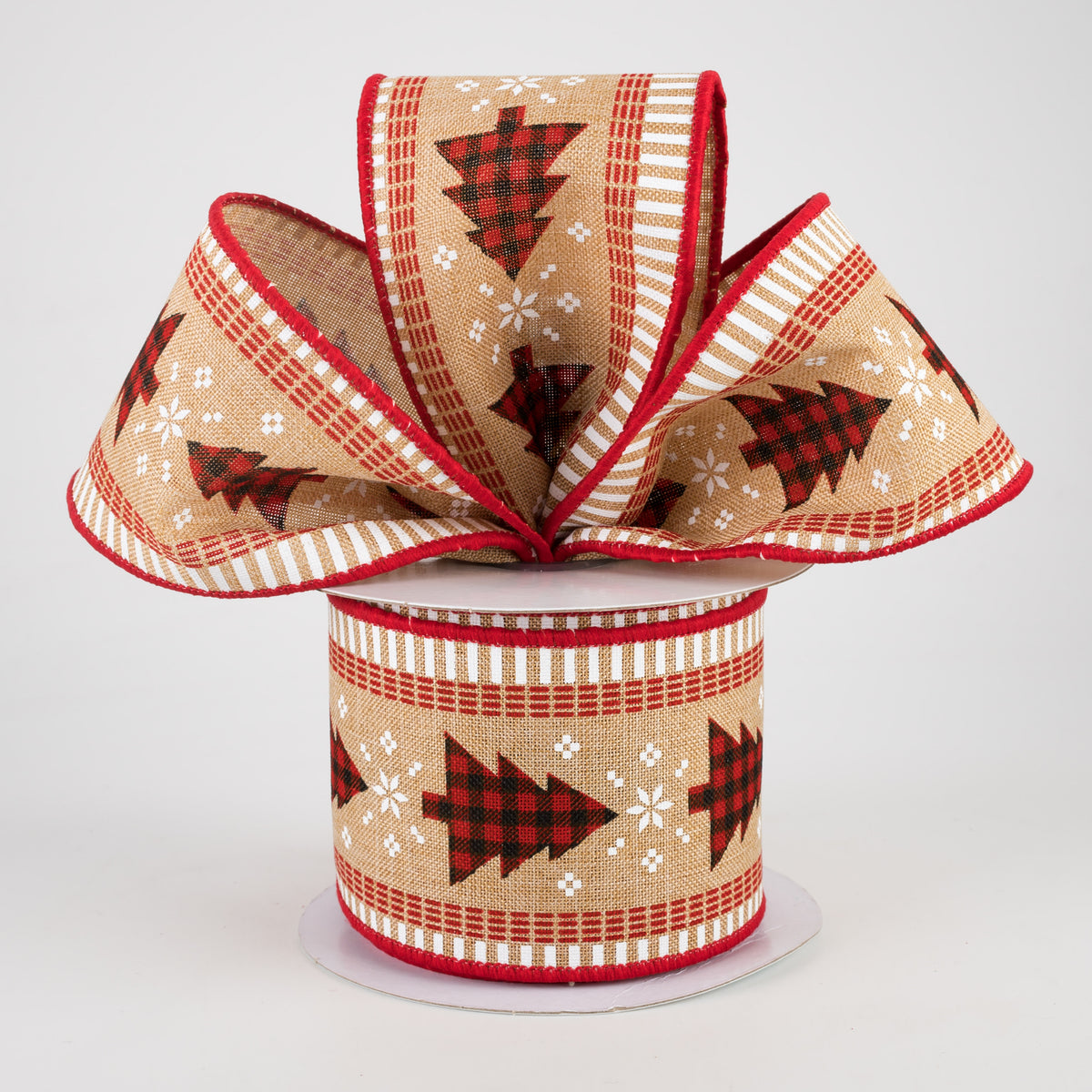 2.5" Buffalo Check Christmas Tree & Stripe Edge Ribbon: Beige (10 Yards) Lifestyle Photo