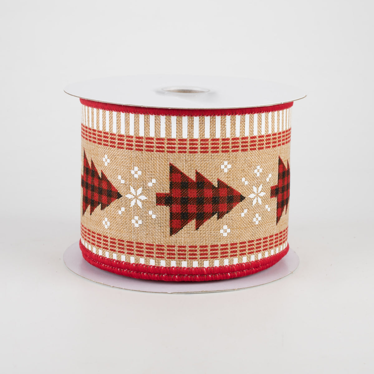2.5" Buffalo Check Christmas Tree & Stripe Edge Ribbon: Beige (10 Yards)