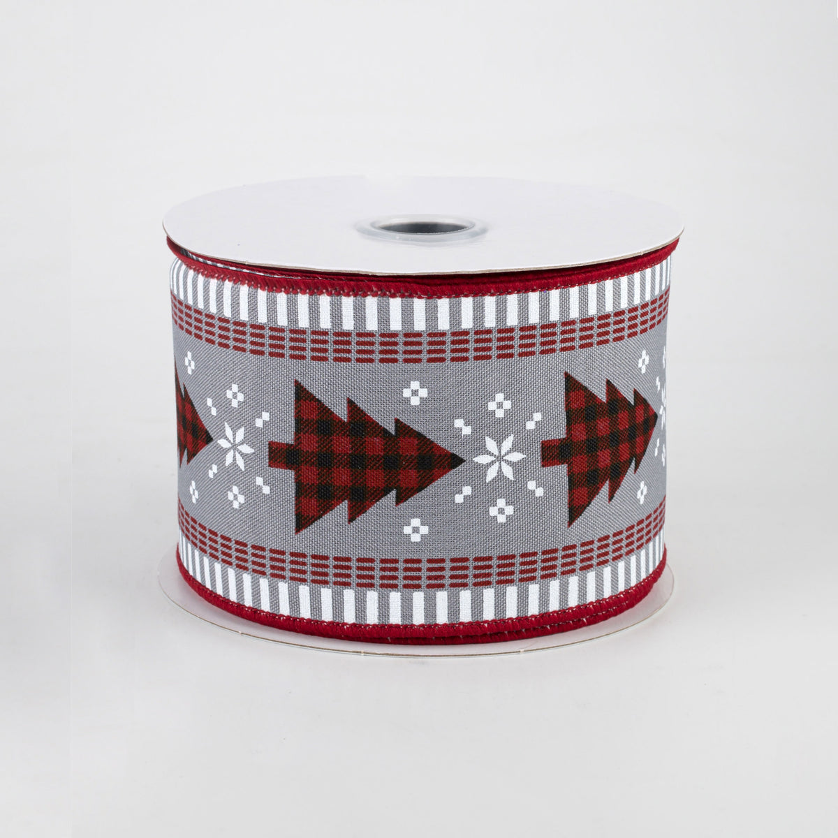 2.5" Buffalo Check Christmas Tree & Stripe Edge Ribbon: Grey (10 Yards)