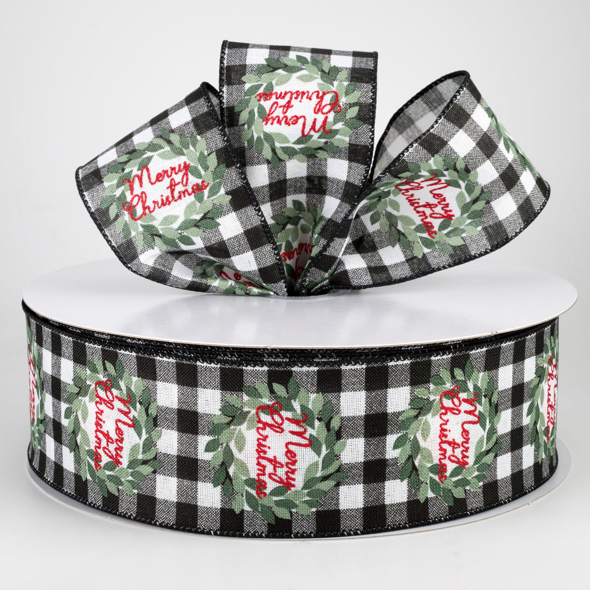 2.5" Buffalo Check Merry Christmas Wreath Ribbon: Black & White (50 Yards) Lifestyle Photo