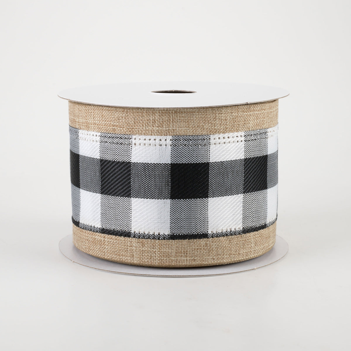 2.5" Buffalo Plaid Center & Linen Edge Ribbon: Natural (10 Yards)