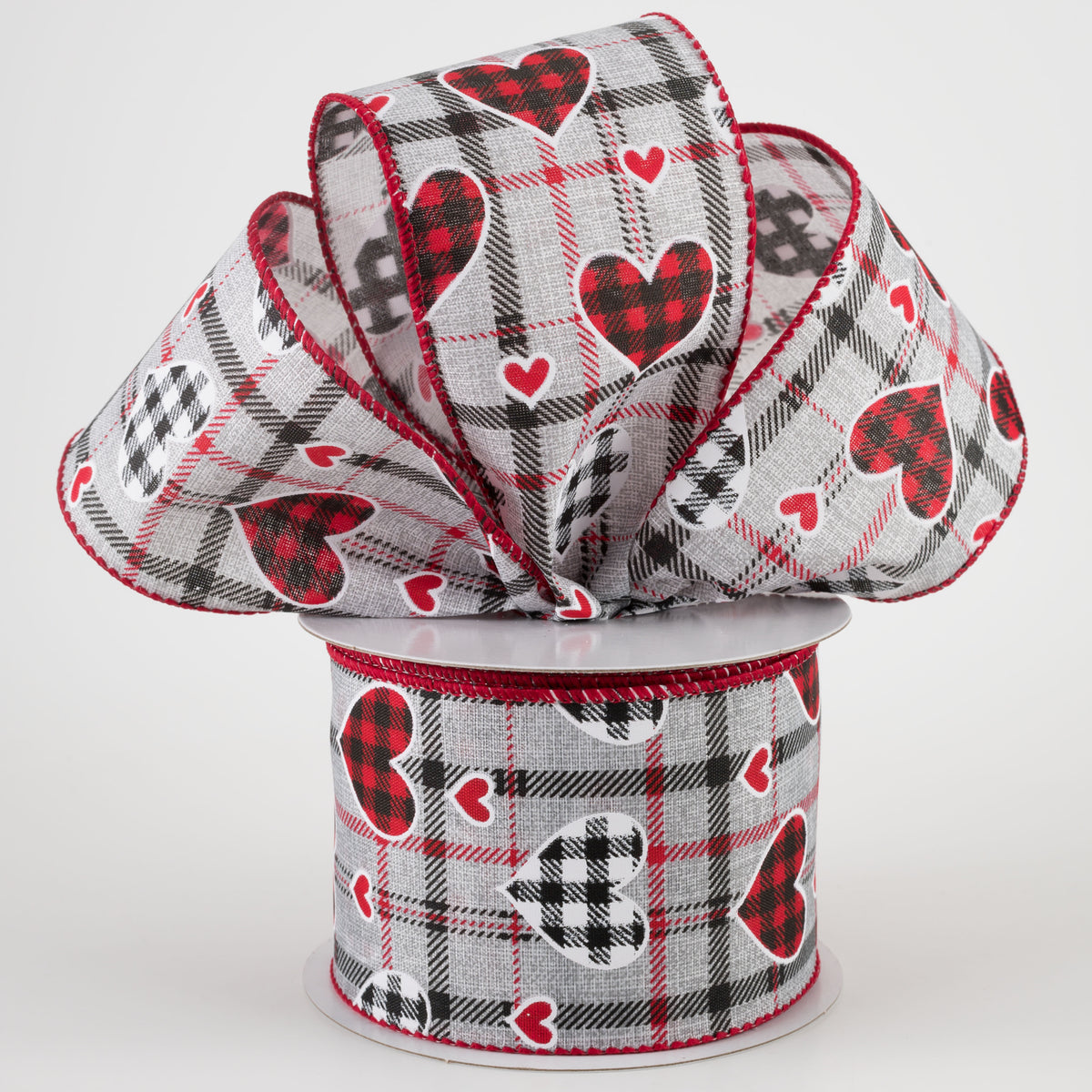 2.5" Buffalo Plaid Hearts on Plaid Ribbon: Grey, Black, Red (10 Yards) Lifestyle Photo