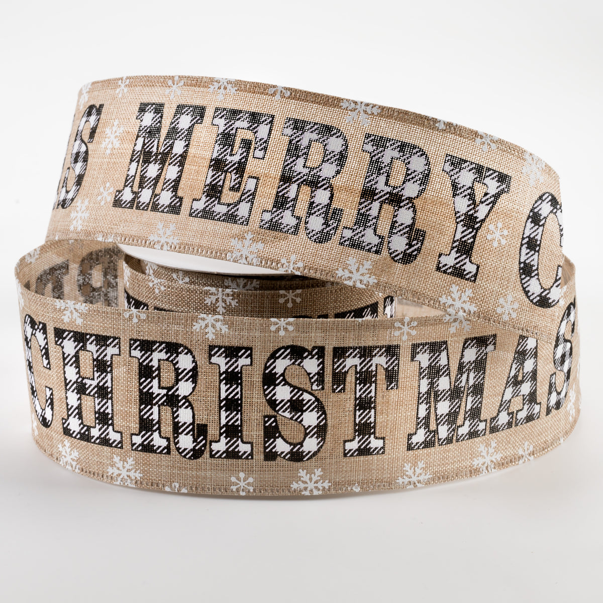 2.5" Buffalo Plaid Merry Christmas Linen Ribbon: Natural (10 Yards) Lifestyle Photo