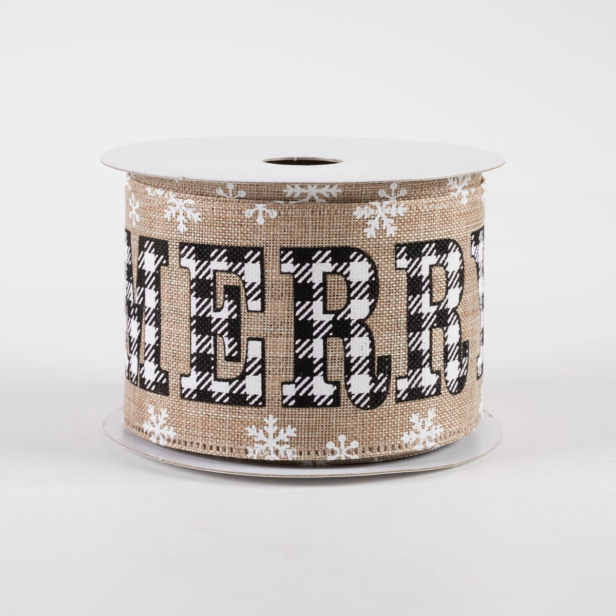 2.5" Buffalo Plaid Merry Christmas Linen Ribbon: Natural (10 Yards) Item Number: 75204-40-21