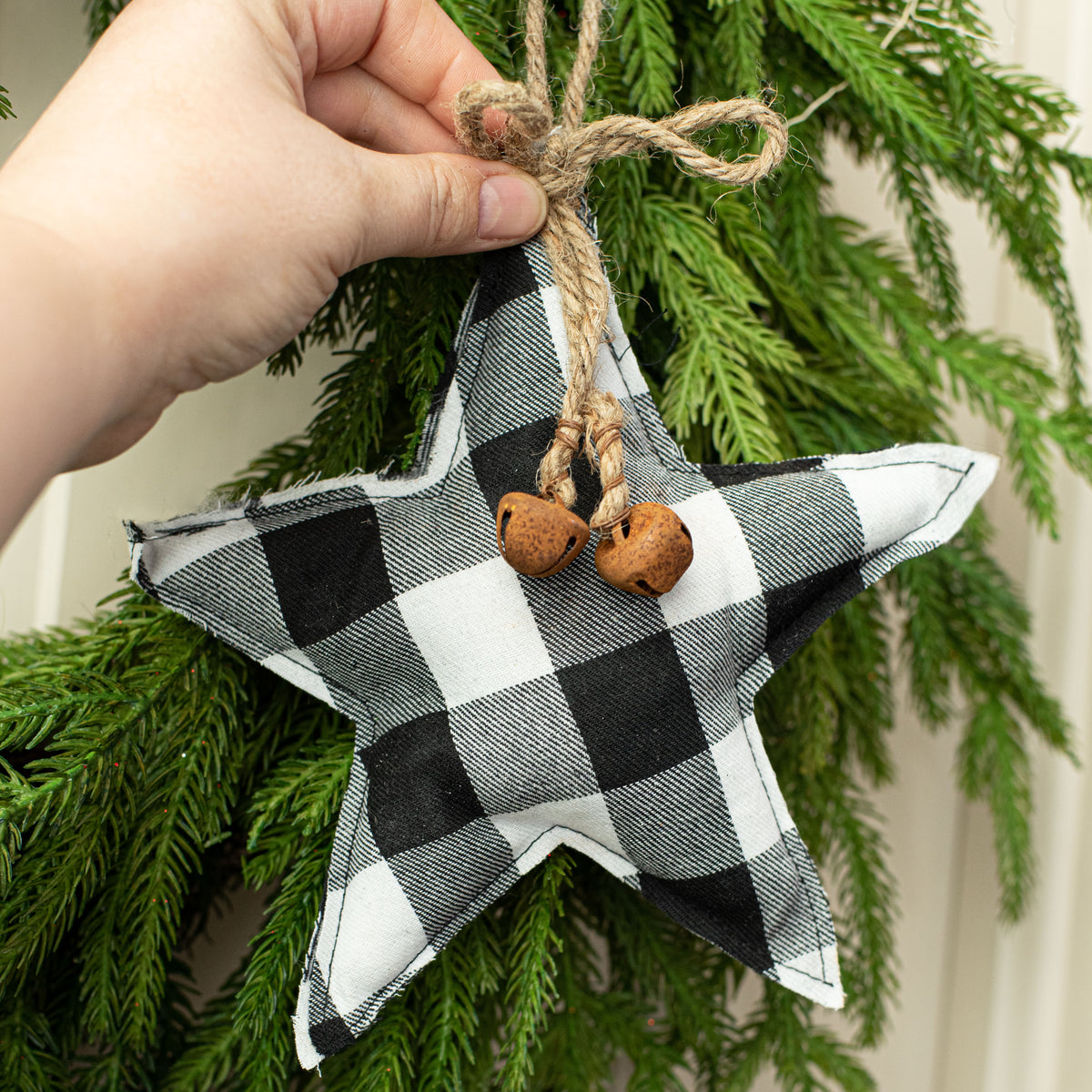 8" Buffalo Plaid Plush Star Ornament: Black & White Lifestyle Photo