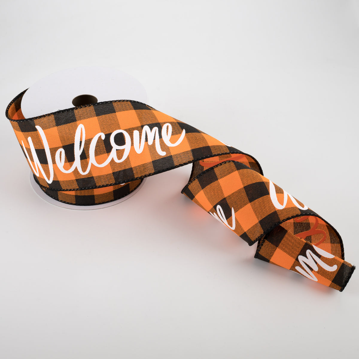 2.5" Buffalo Plaid Welcome Ribbon: Orange & Black (10 Yards) Lifestyle Photo
