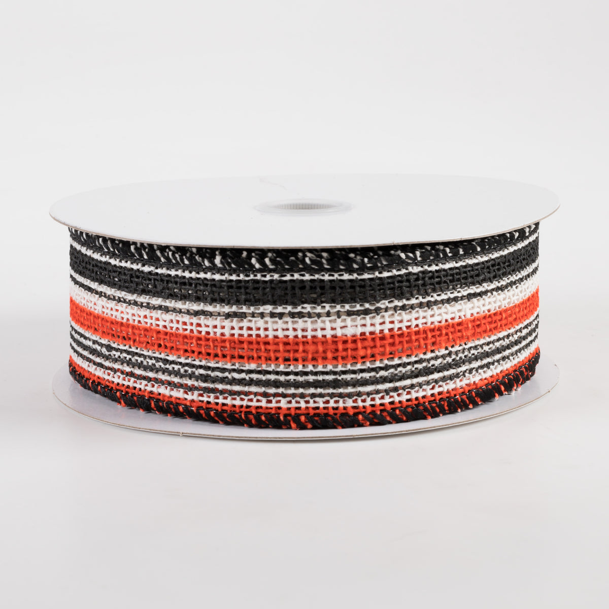 1.5" Burlap Vertical Stripe Ribbon: Ivory, Orange, Black (10 Yards)