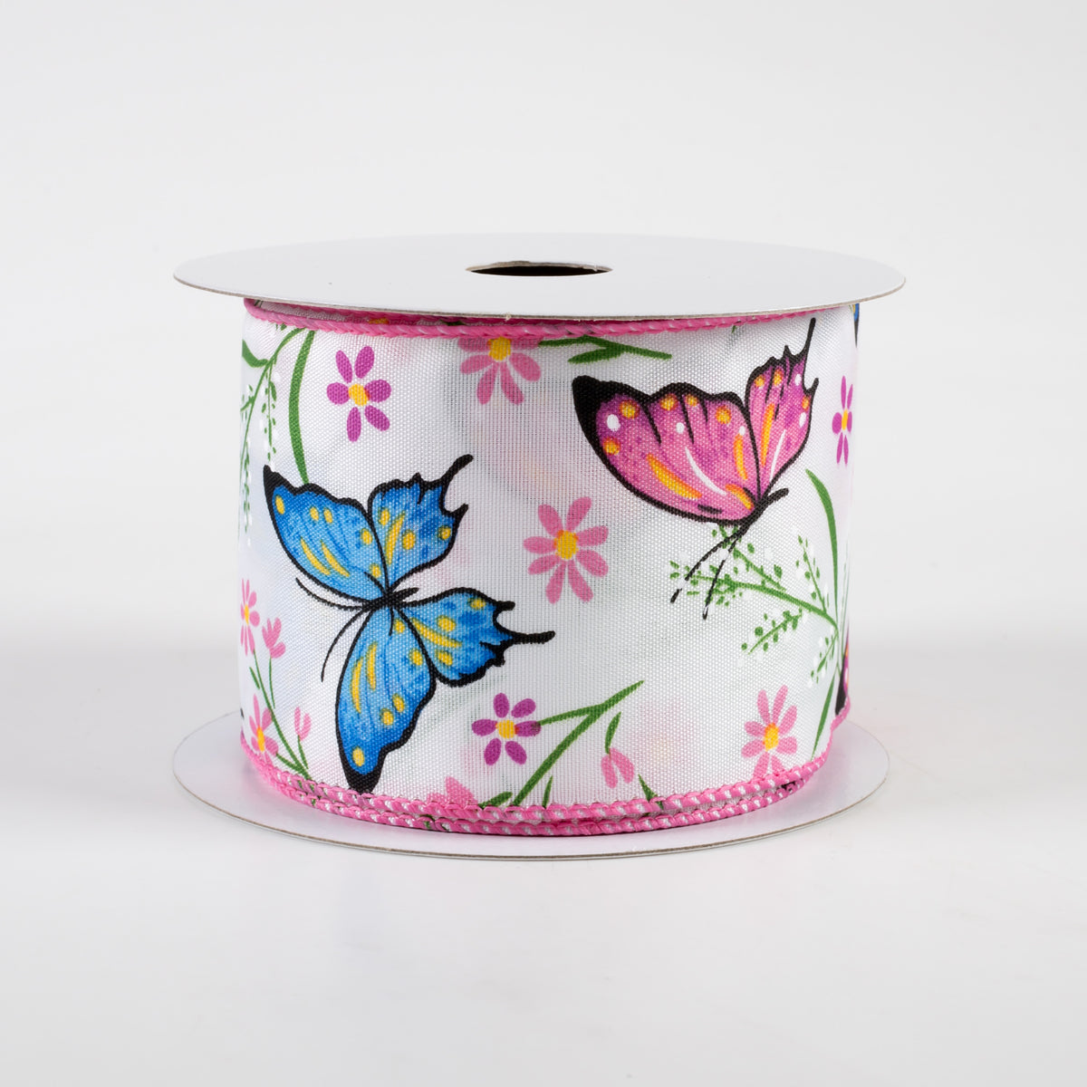 2.5" Butterfly Flowers Satin Ribbon: Pink & Blue (10 Yards)