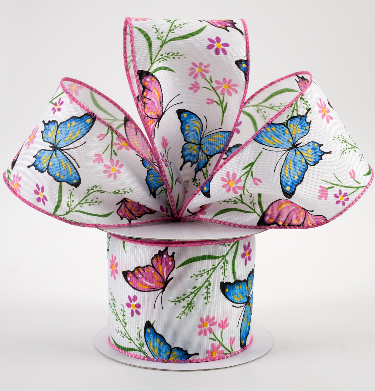 2.5" Butterfly Flowers Satin Ribbon: Pink & Blue (10 Yards) Lifestyle Photo