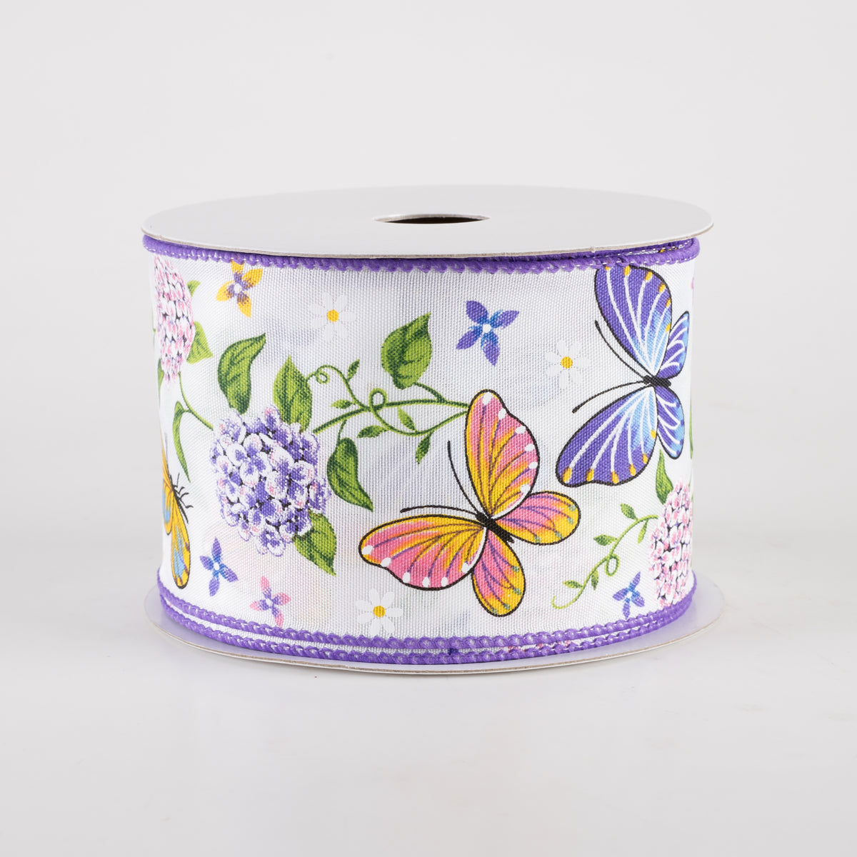 2.5" Butterfly & Hydrangeas Satin Ribbon: Pink, Purple, Yellow (10 Yards) Item Number: 42407-40-37