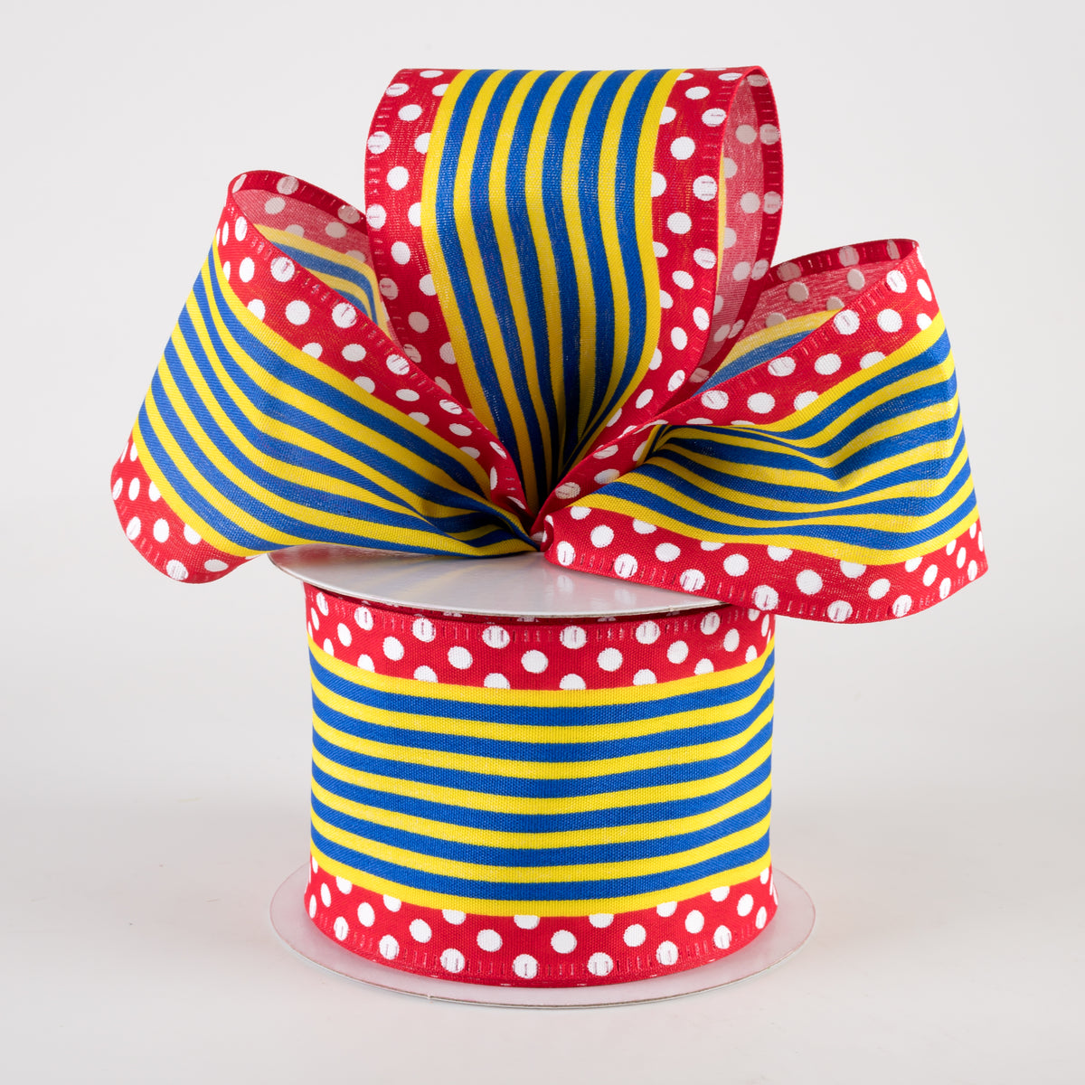 2.5" Cabana Stripe Dot Edge Ribbon: Red, Royal Blue, Yellow (10 Yards) Lifestyle Photo