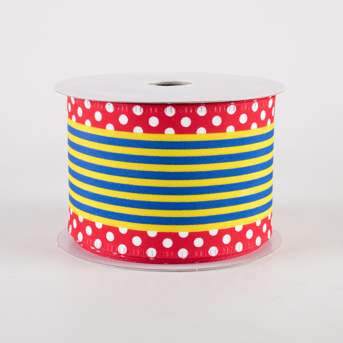 2.5" Cabana Stripe Dot Edge Ribbon: Red, Royal Blue, Yellow (10 Yards) Item Number: 46413-40-12