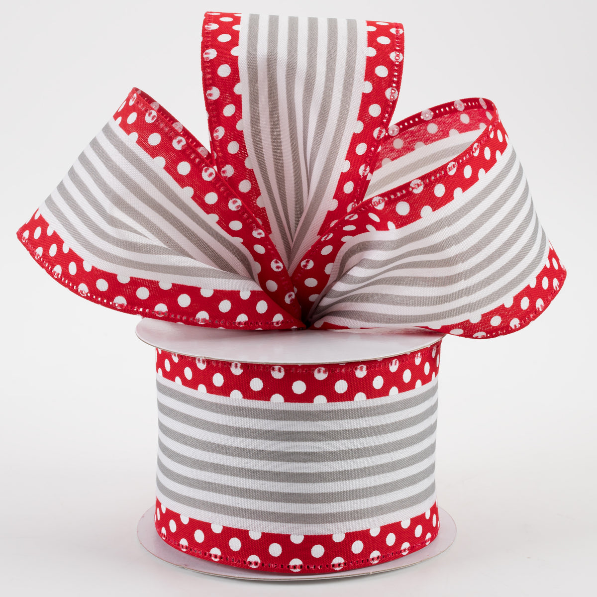 2.5" Cabana Stripe Dot Edge Ribbon: White, Grey, Red (10 Yards) Lifestyle Photo