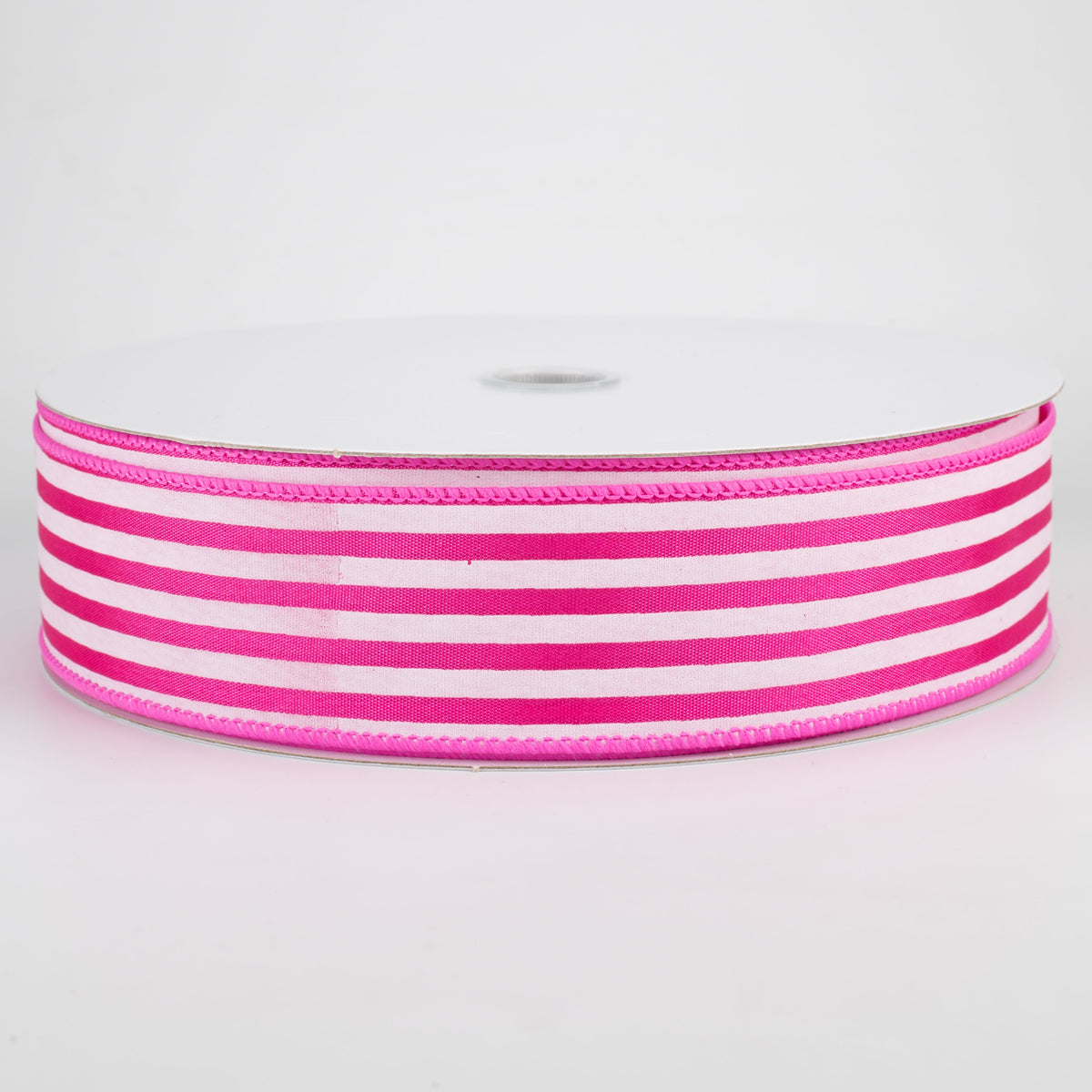 1.5" Cabana Stripes Ribbon: White on Fuchsia Satin (50 Yards) Item Number: Q501809-590