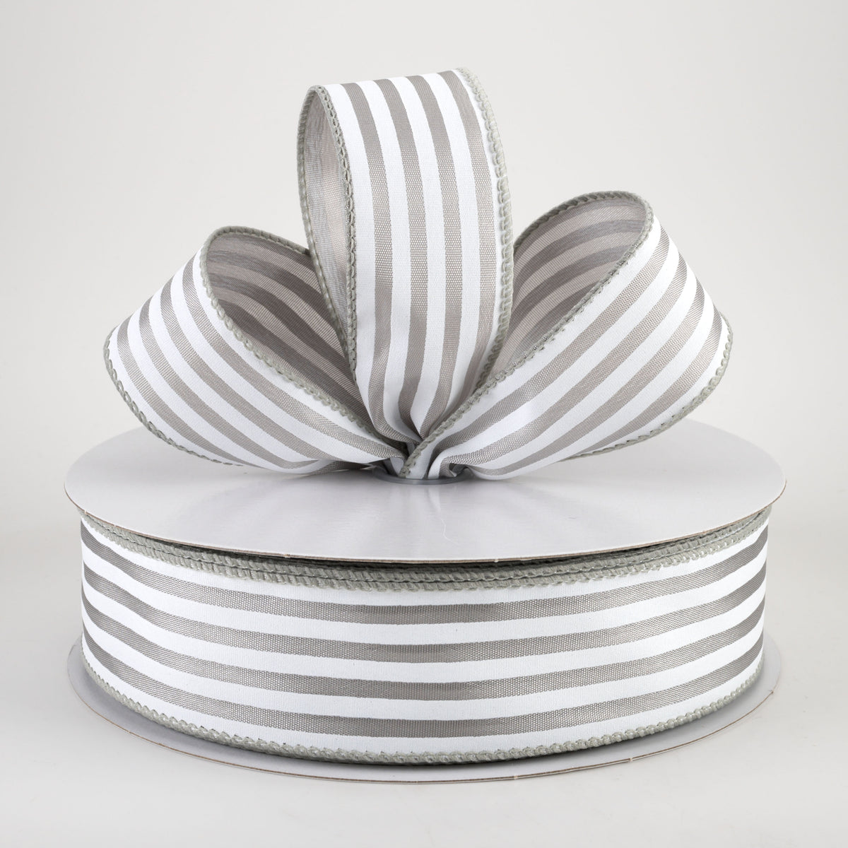 1.5" Cabana Stripes Ribbon: White on Grey Satin (50 Yards) Lifestyle Photo