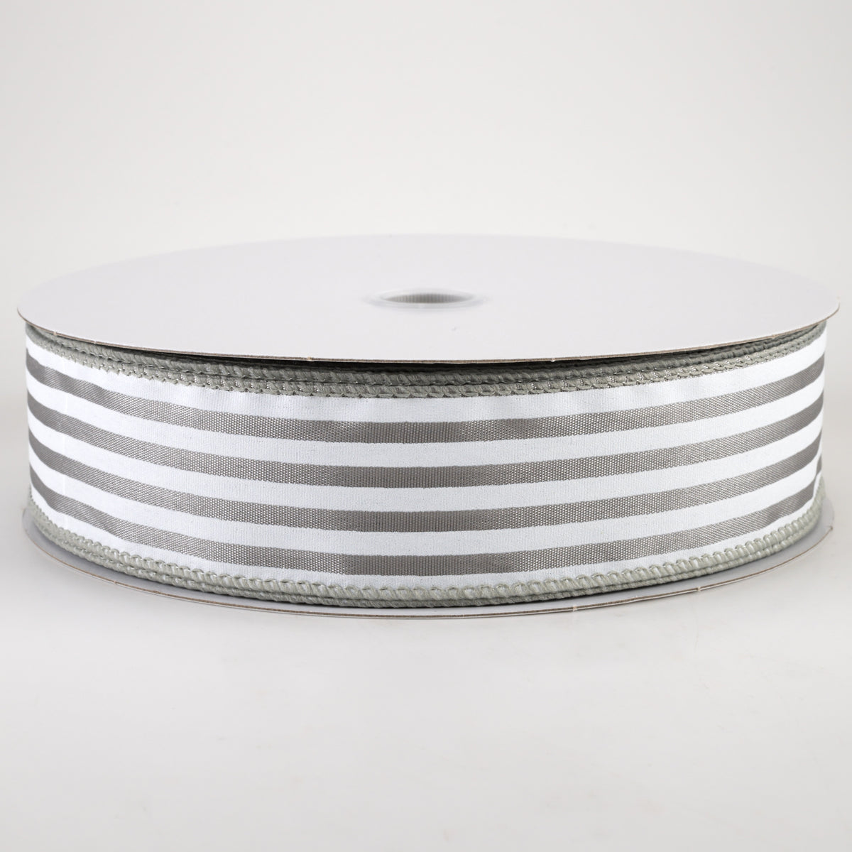 1.5" Cabana Stripes Ribbon: White on Grey Satin (50 Yards)