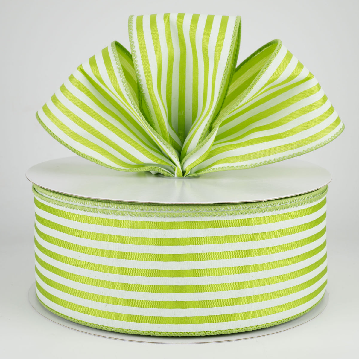 2.5" Cabana Stripes Ribbon: White on Kiwi Green Satin (50 Yards) Lifestyle Photo
