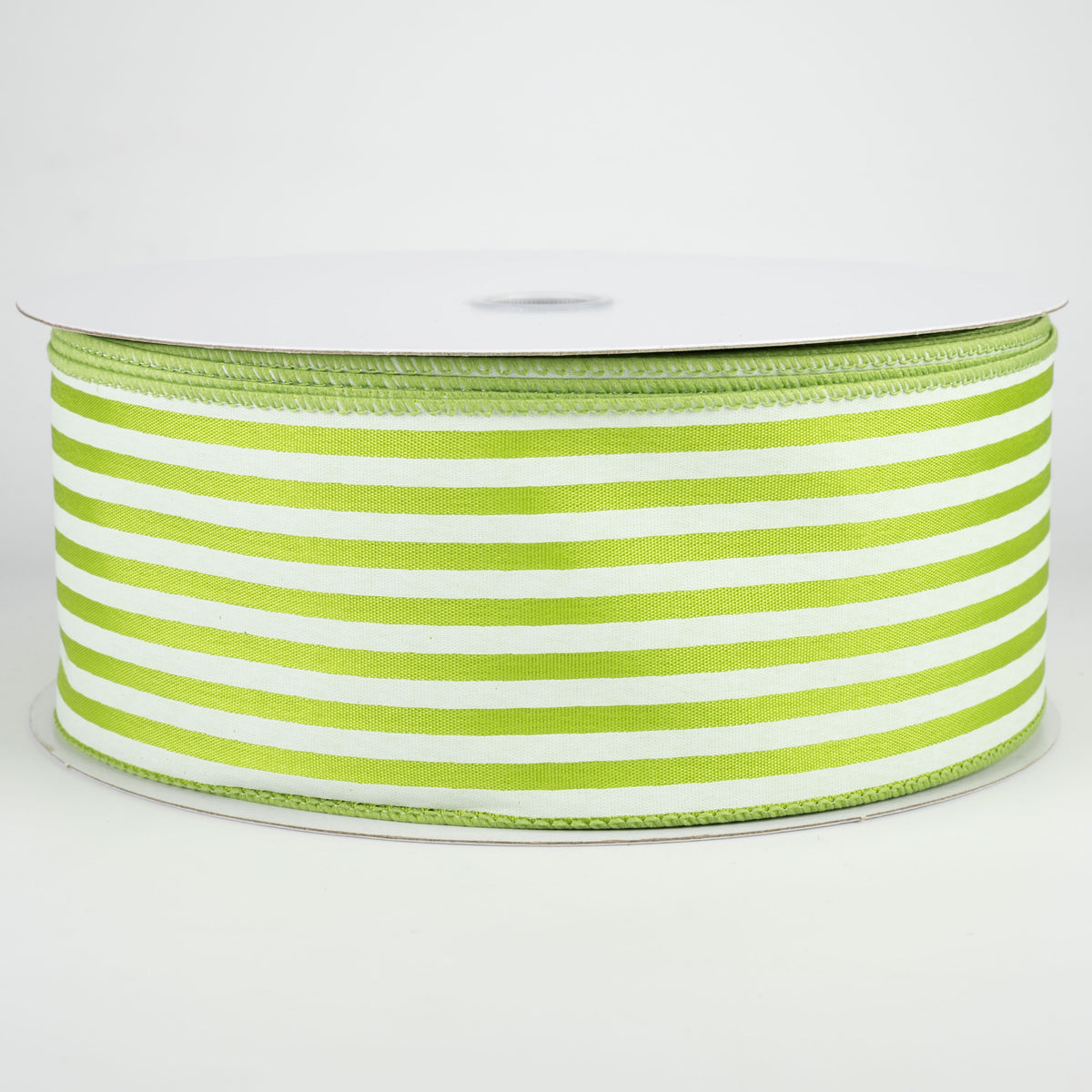 2.5" Cabana Stripes Ribbon: White on Kiwi Green Satin (50 Yards)
