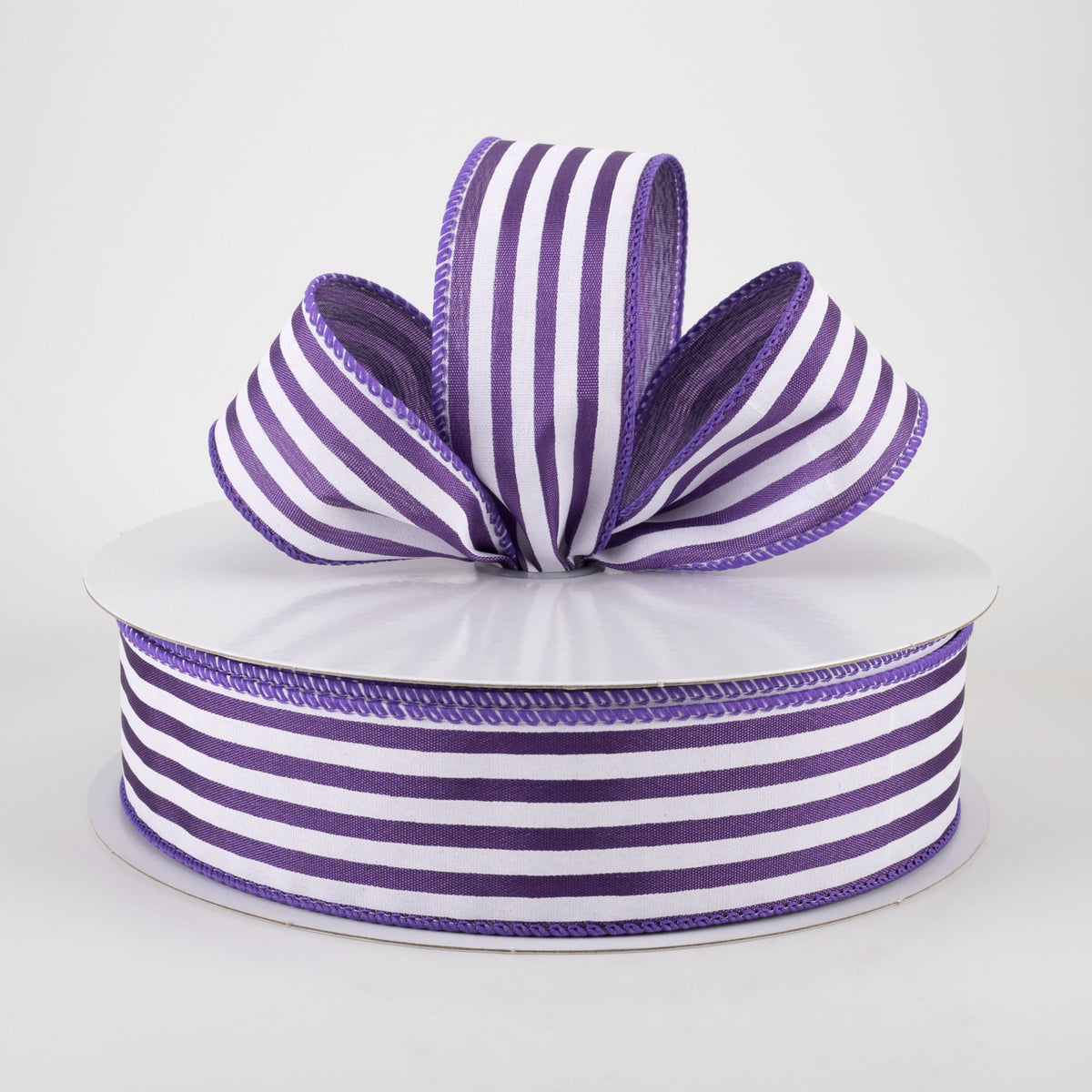 1.5" Cabana Stripes Ribbon: White on Purple Satin (50 Yards) Lifestyle Photo