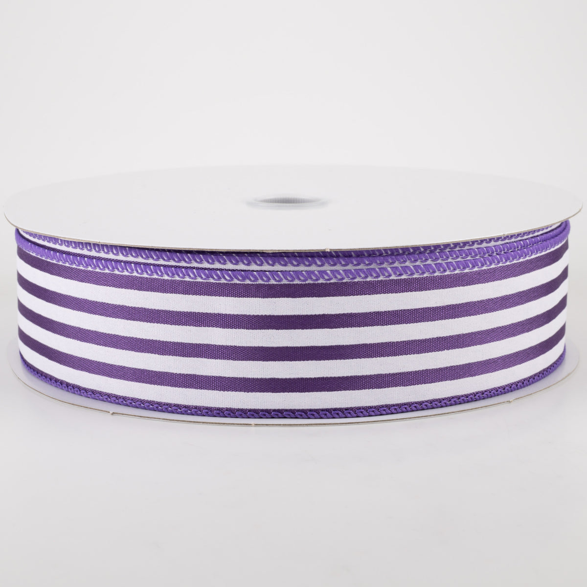 1.5" Cabana Stripes Ribbon: White on Purple Satin (50 Yards)