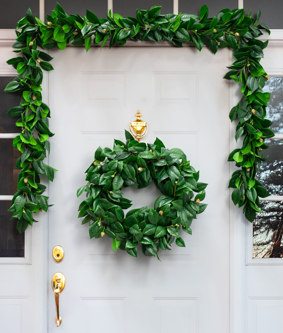 26" Camellia Leaves & Buds Wreath Lifestyle Photo