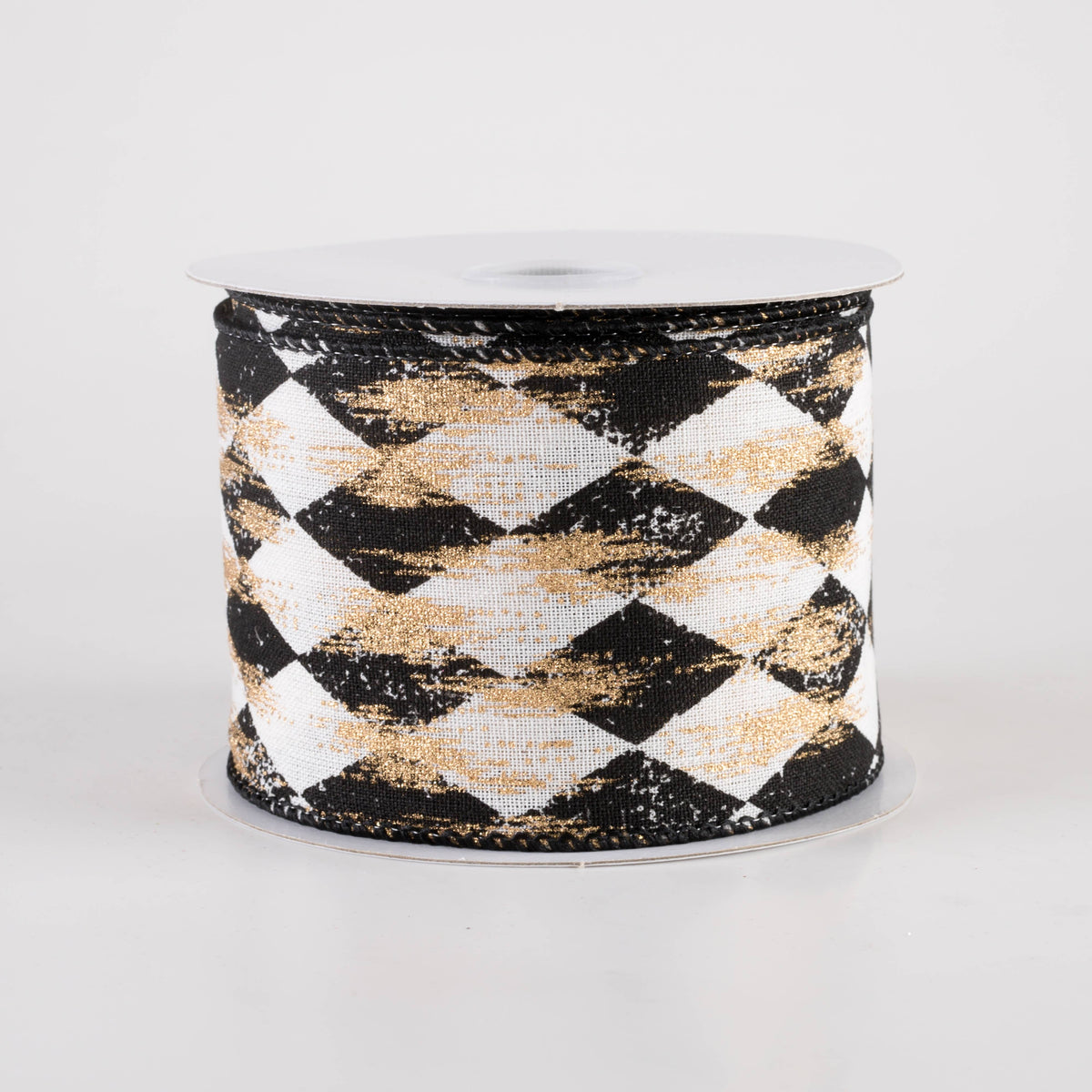 2.5" Canvas Harlequin Gold Painted Ribbon: Cream & Black (10 Yards) Item Number: 72437-40-20