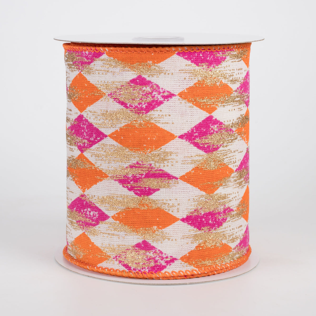 4" Canvas Harlequin Gold Painted Ribbon: Cream, Fuchsia & Orange (10 Yards) Item Number: 51505-04-28