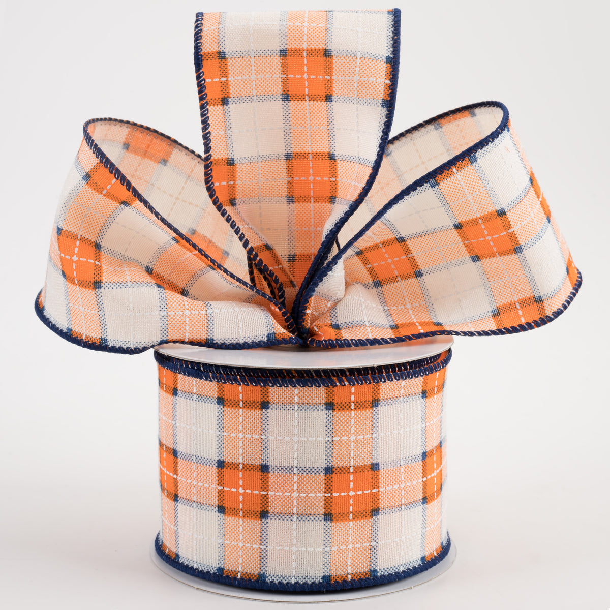 2.5" Canvas Printed Plaid Ribbon: Orange, Navy & White (10 Yards) Lifestyle Photo