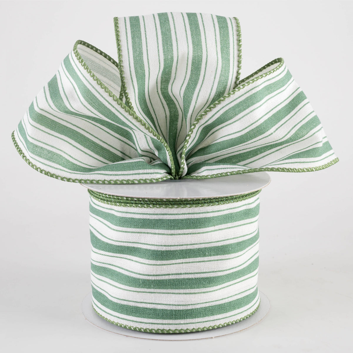 2.5" Canvas Ticking Stripe Ribbon: Dark Mint on Ivory (10 Yards) Lifestyle Photo
