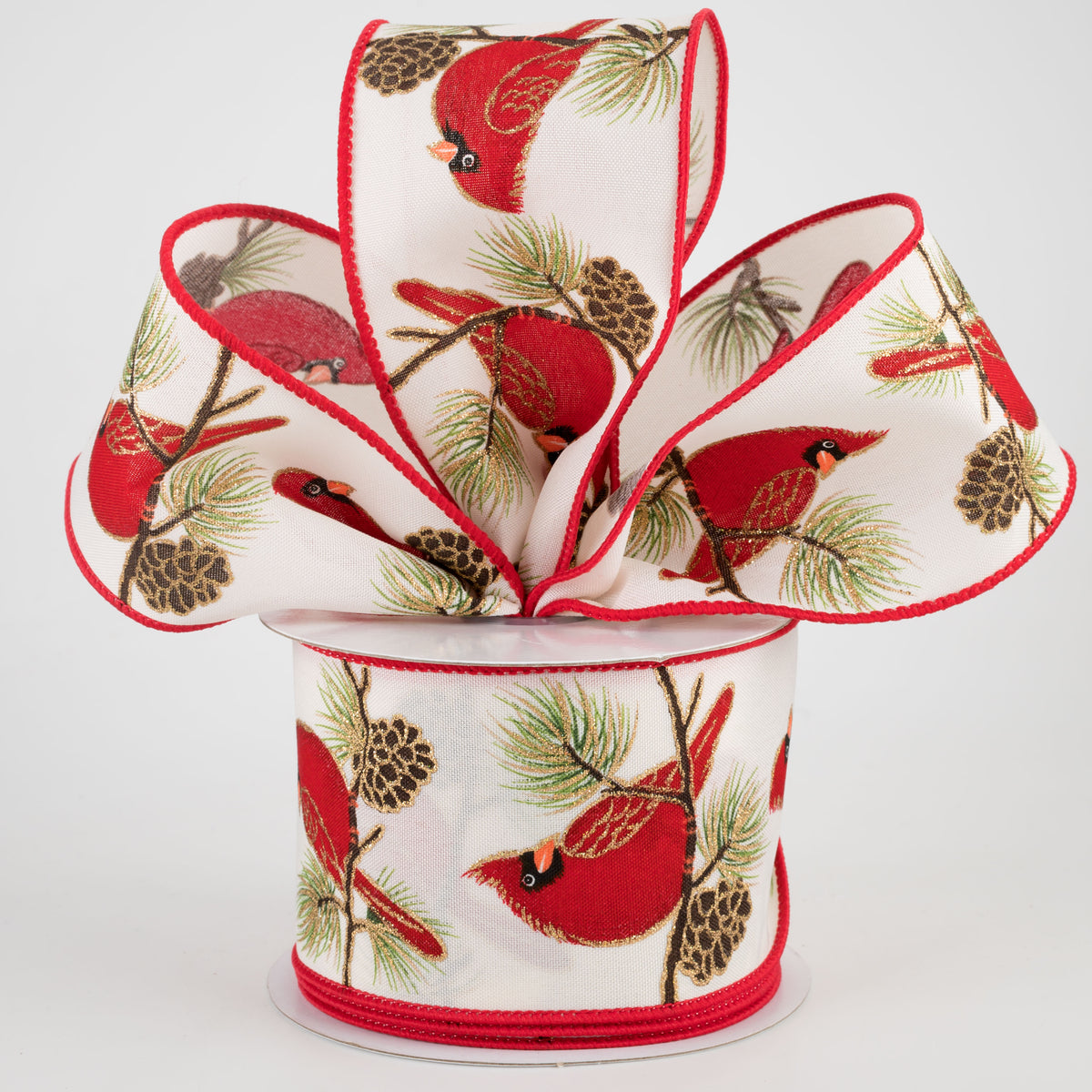 2.5" Cardinal on Pine Branch Ribbon: Cream (10 Yards) Lifestyle Photo