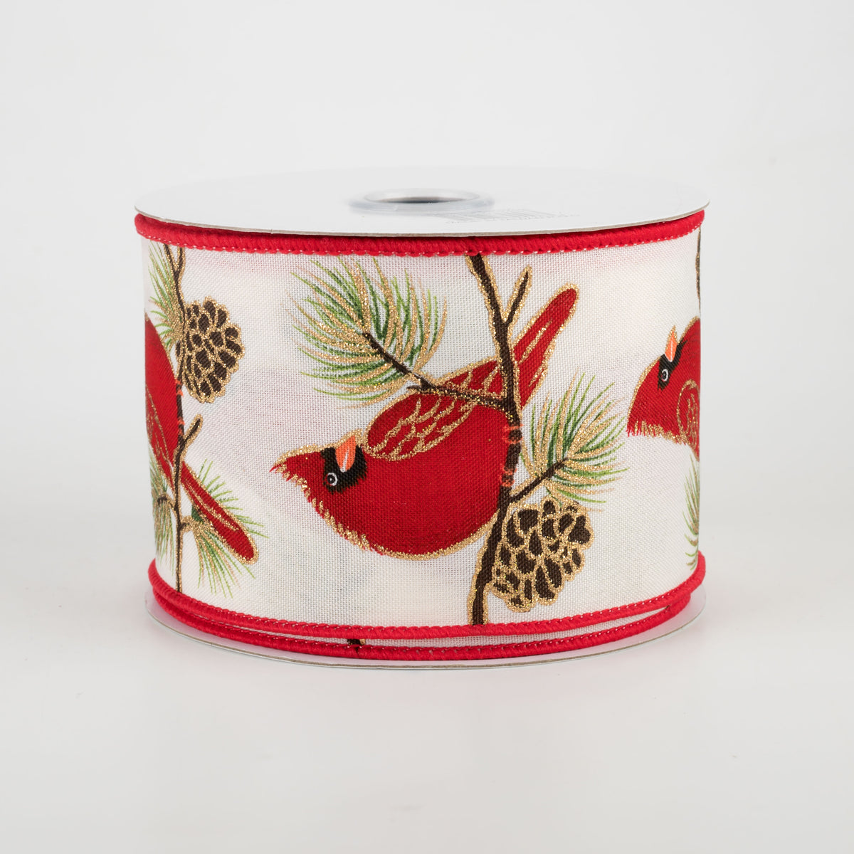 2.5" Cardinal on Pine Branch Ribbon: Cream (10 Yards)