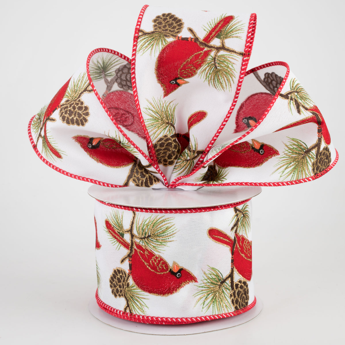 2.5" Cardinal on Pine Branch Ribbon: White (10 Yards) Lifestyle Photo