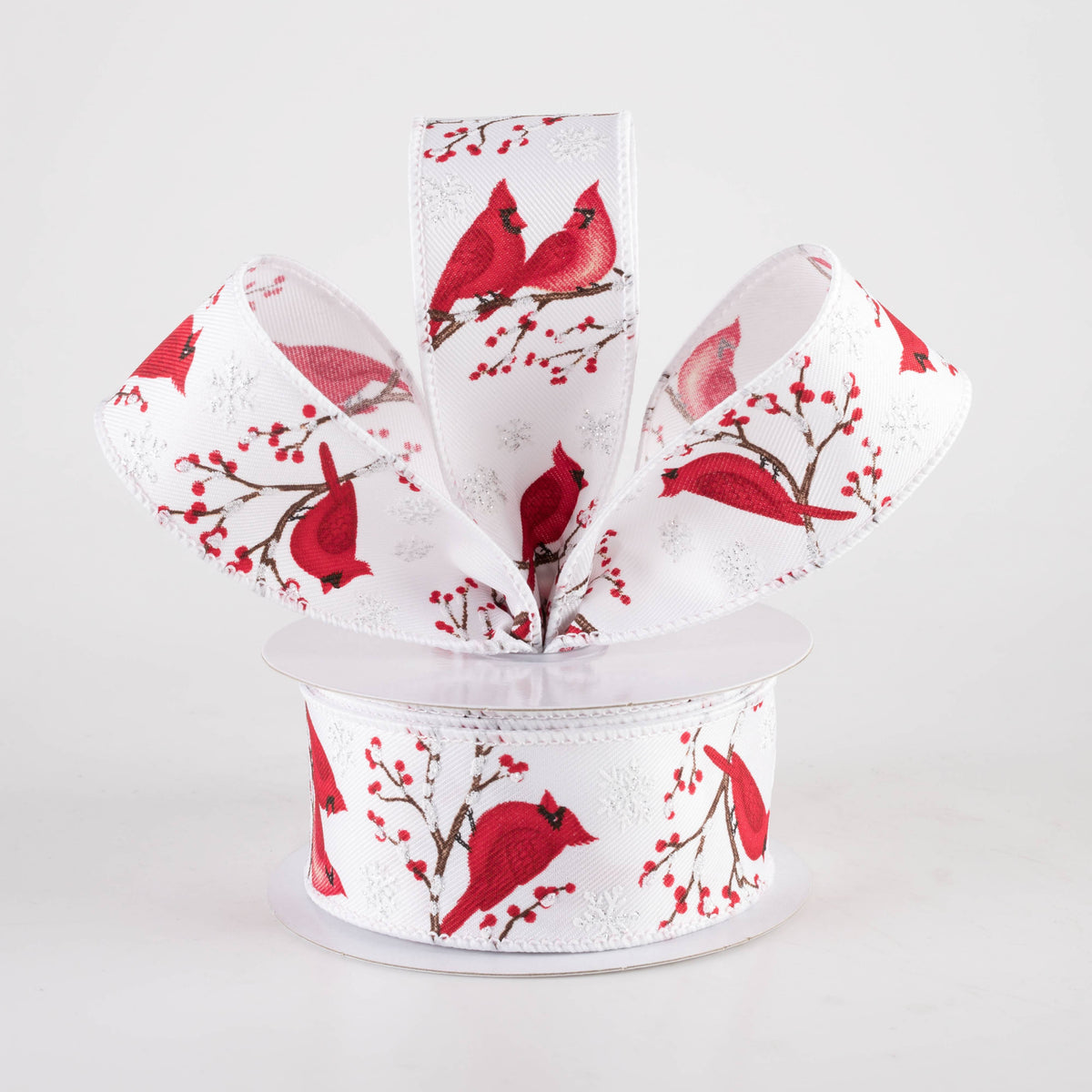 1.5" Cardinals, Snowflakes & Berries Ribbon: White (10 Yards) Lifestyle Photo