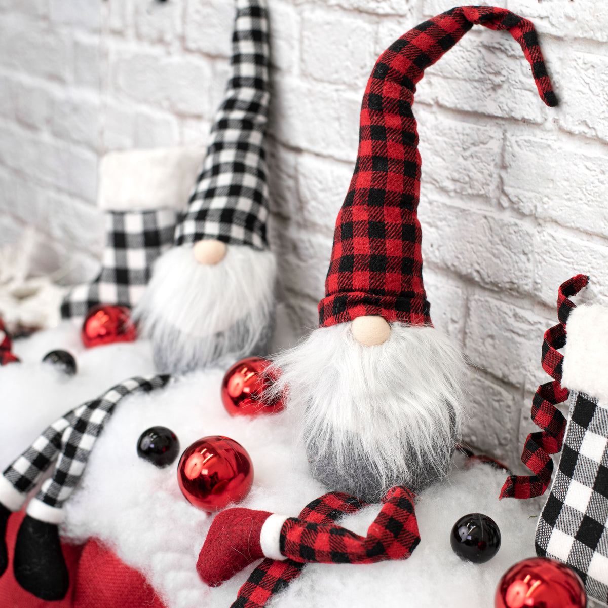 17" Check Fabric Sitting Gnome: Black & Red Lifestyle Photo