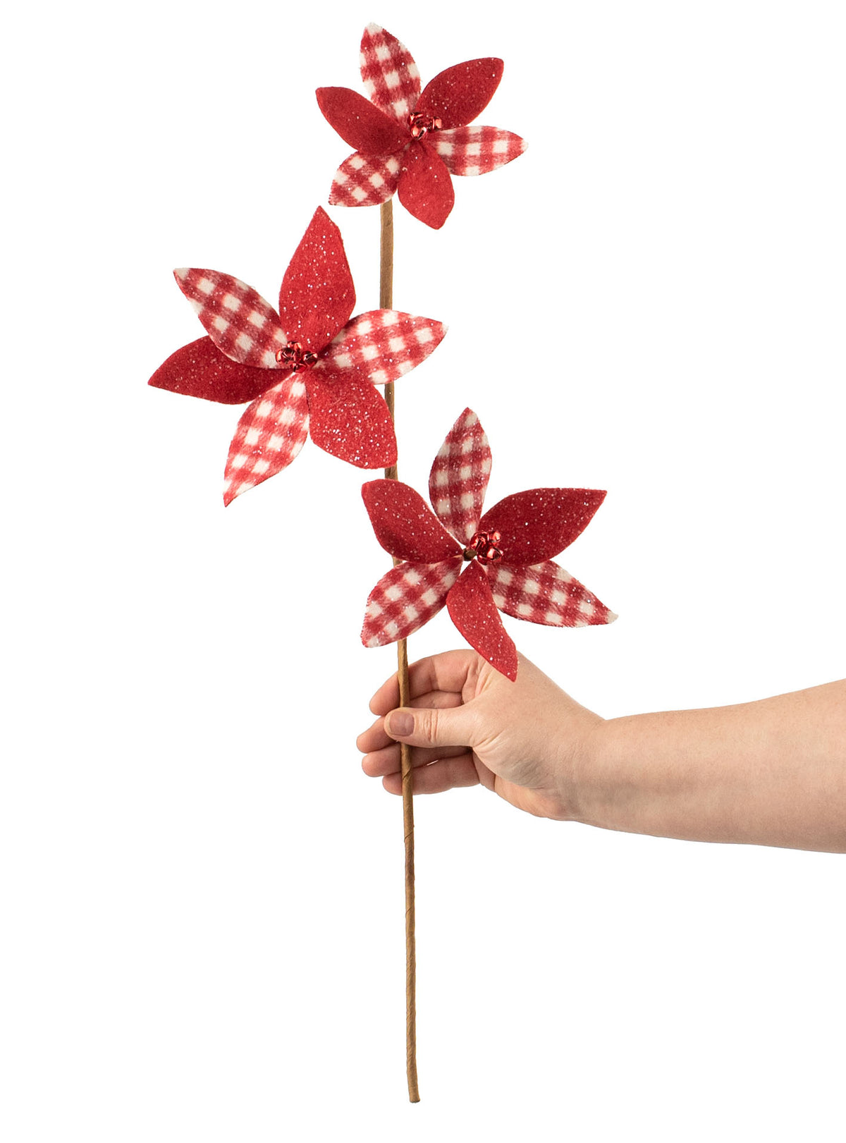 23" Check Poinsettia with Bell Spray: Red & White detail photo 3