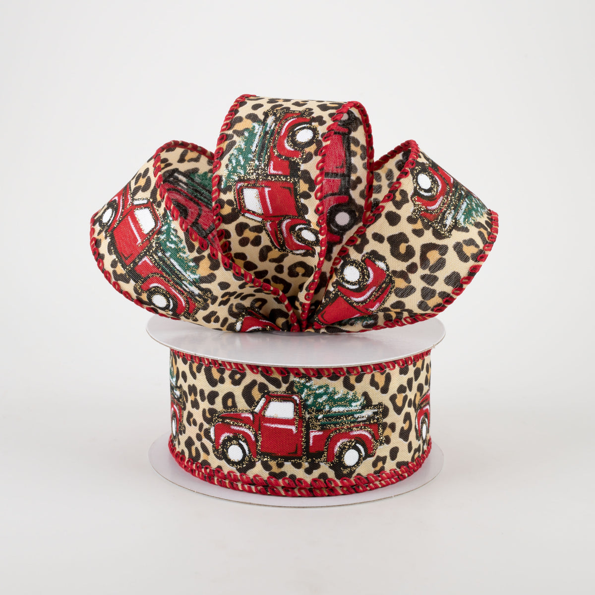 1.5" Cheetah Print Red Christmas Truck Ribbon (10 Yards) Lifestyle Photo