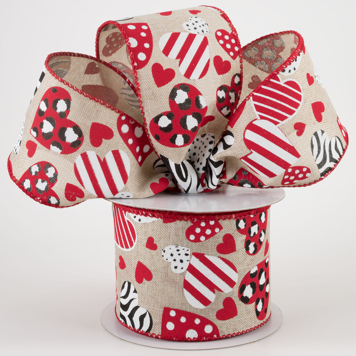 2.5" Cheetah, Zebra, Dot, Stripe Hearts Ribbon: Natural (10 Yards) Lifestyle Photo