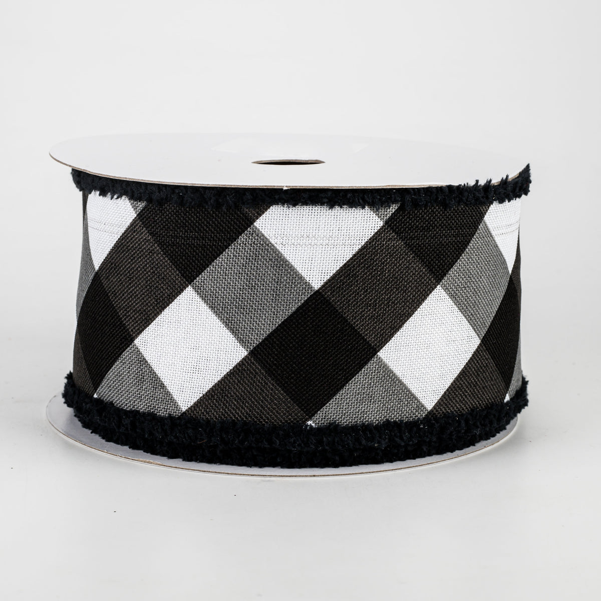 2.5" Chenille Edge Bold Check Ribbon: White & Black (10 Yards)