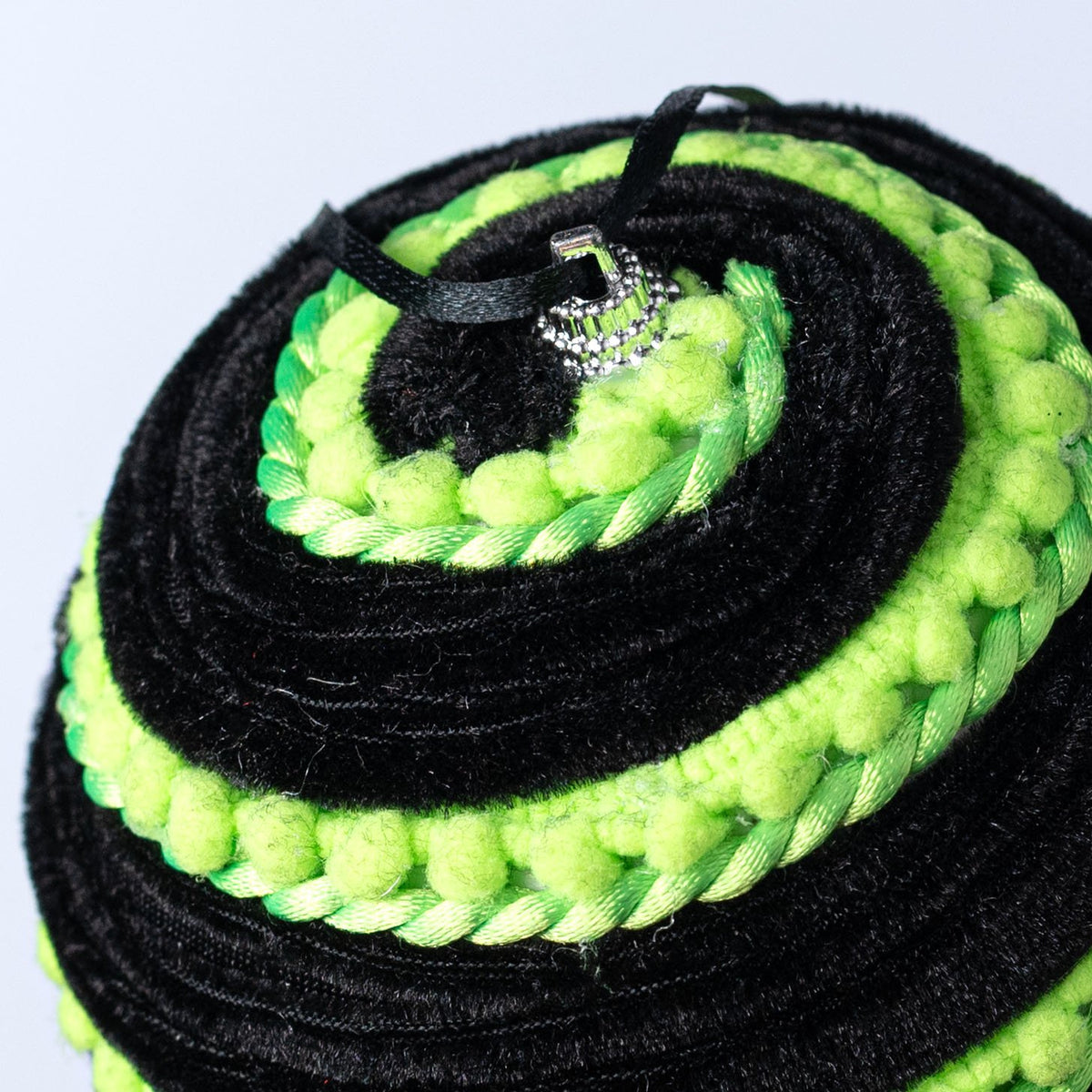 5" Chenille Pom Pom & Cording Ornament: Neon Green & Black detail photo 3