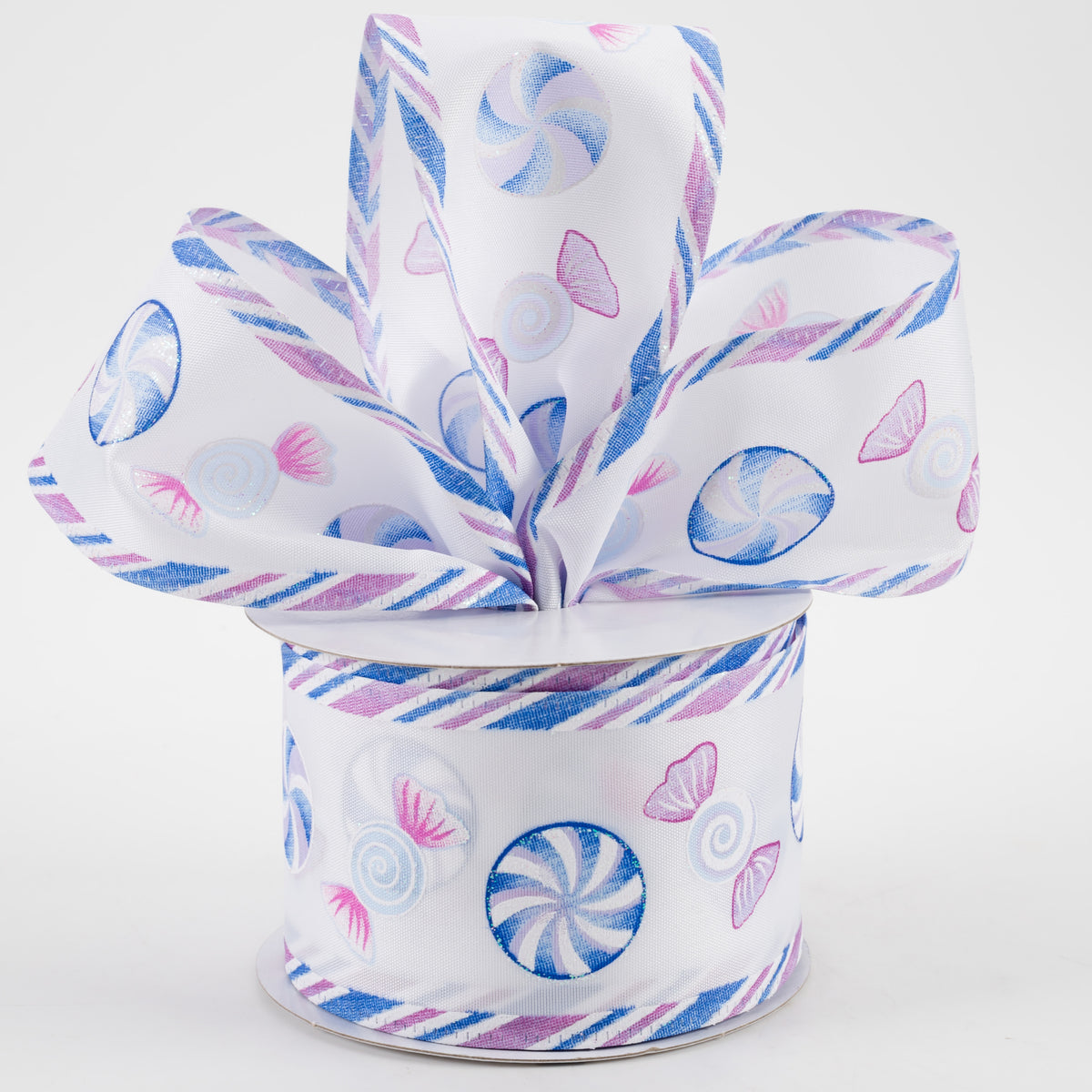 2.5" Christmas Candy Edge Satin Ribbon: White, Blue, Lavender, Pink (10 Yards) Lifestyle Photo